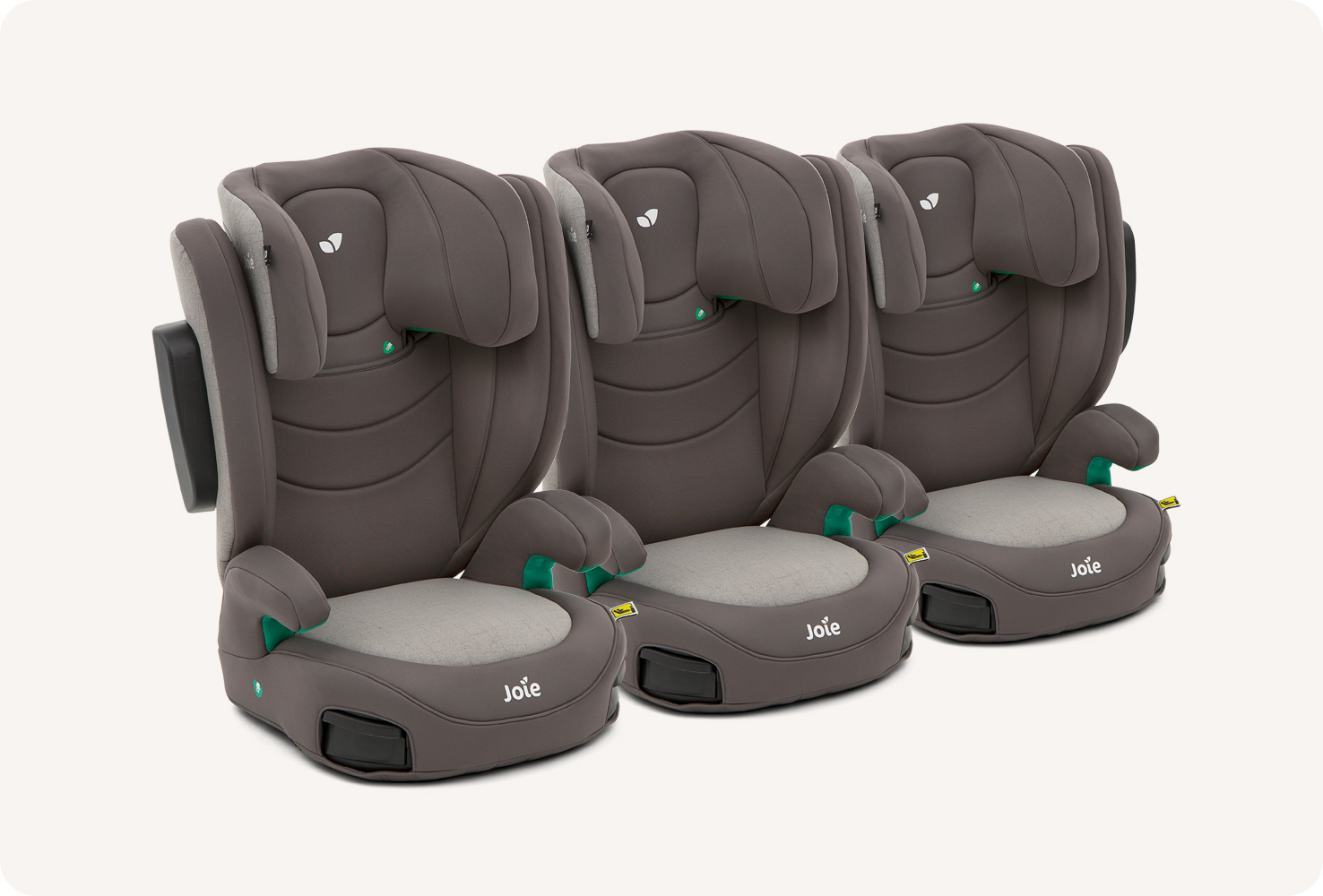 3 gray I-Trillo LX booster seats side by side, facing toward the right at an angle.
