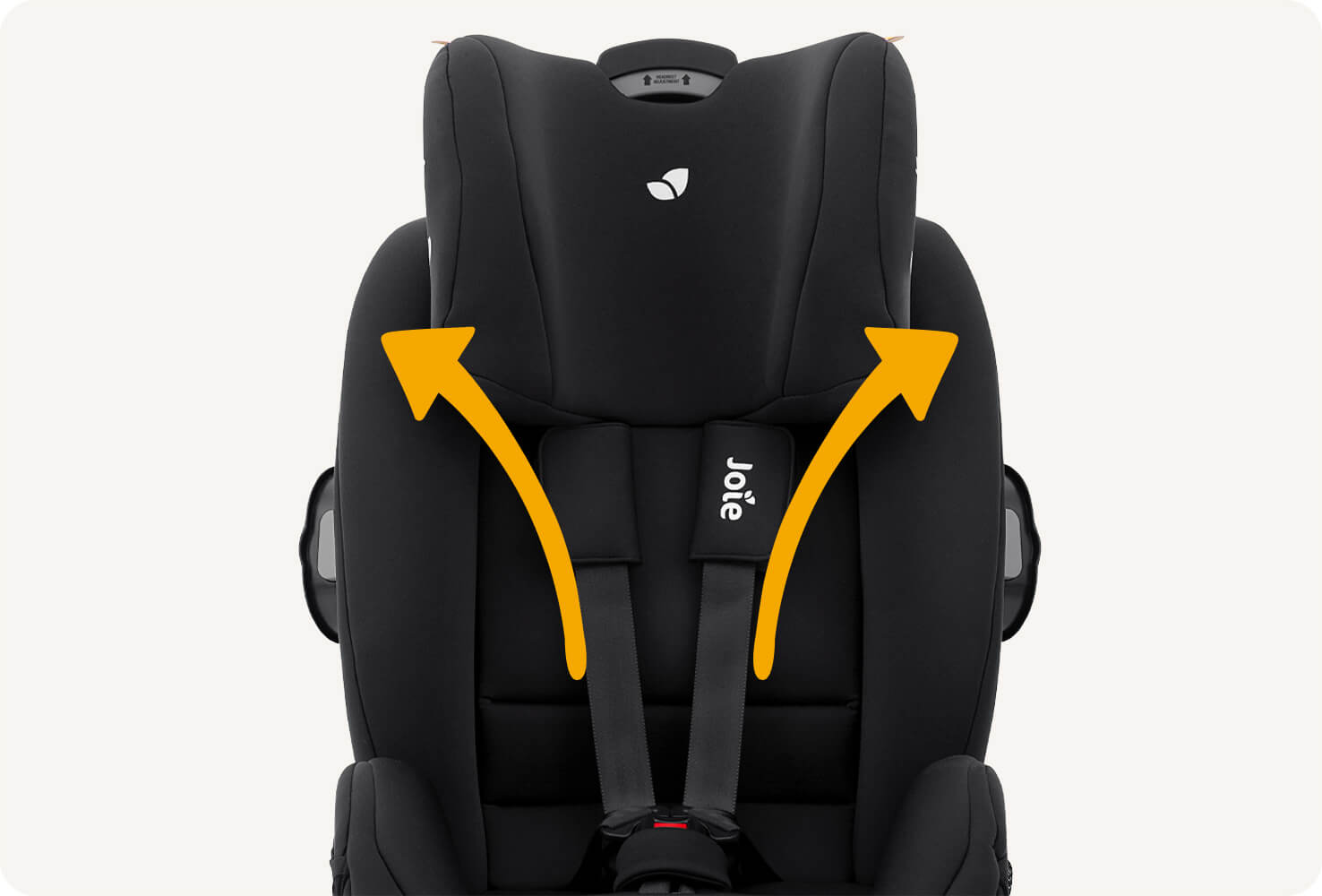  Zoomed in view of Joie armour car seat in black from the front view with arrows pointing up and out to show the headrest lifts to different positions.