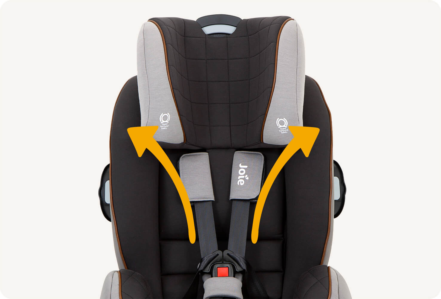  Zoomed in view of Joie armour fx car seat in black with gray details from the front view with arrows pointing up and out to show the headrest lifts to different positions. 