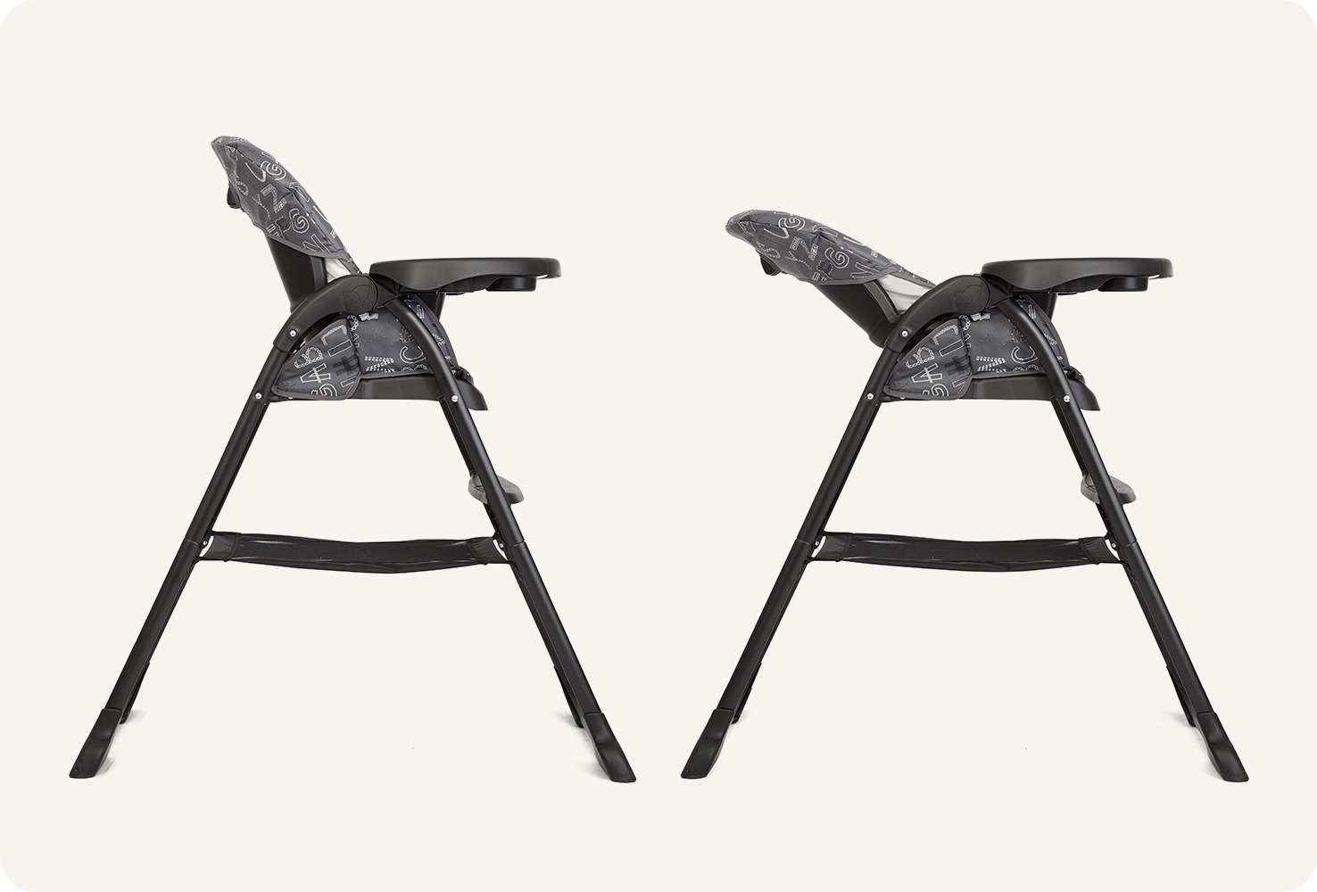  Two Joie highchairs in a multi-color print. One is upright and one is reclined to indicate the reclining function of the mimzy Snacker.