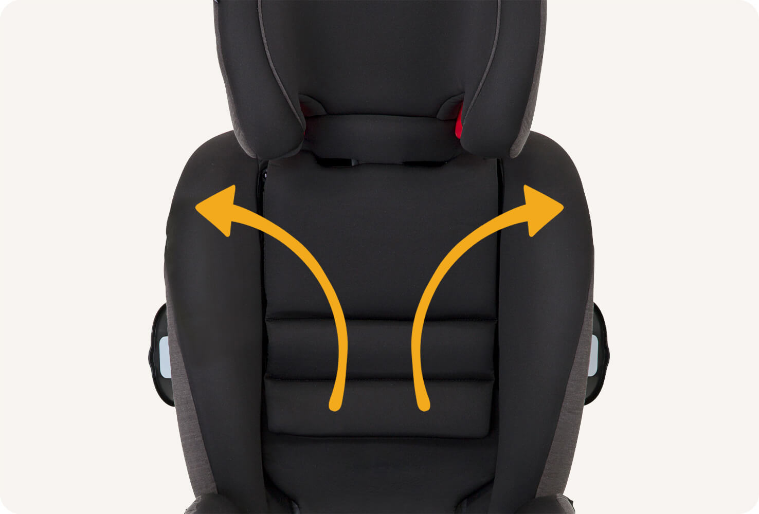 Closeup of a black Joie Every Stage FX car seat headrest being raised, with orange arrows animating over the seat indicating upward and outward growth.
