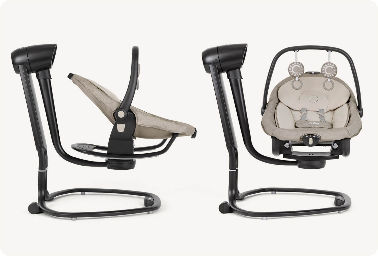 black frame and two tone tan seat pad  Joie serina 2in1 swings side by side. One is a frontal view, and the other is a side profile of the swing.