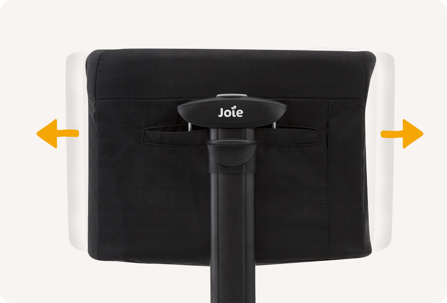  Zoomed in on side profile of black Joie roomie glide bedside crib. Two orange arrows display the gliding motions of the bedside crib.