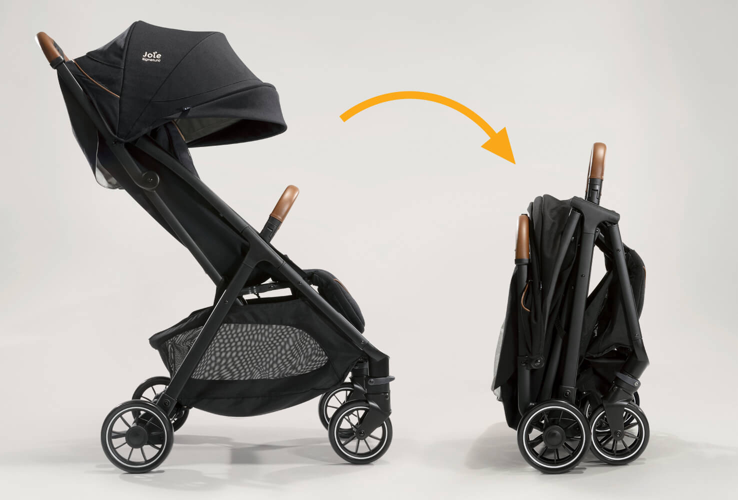 A black Joie Parcel pushchair in profile with a curved orange arrow pointing to a folded Parcel pushchair