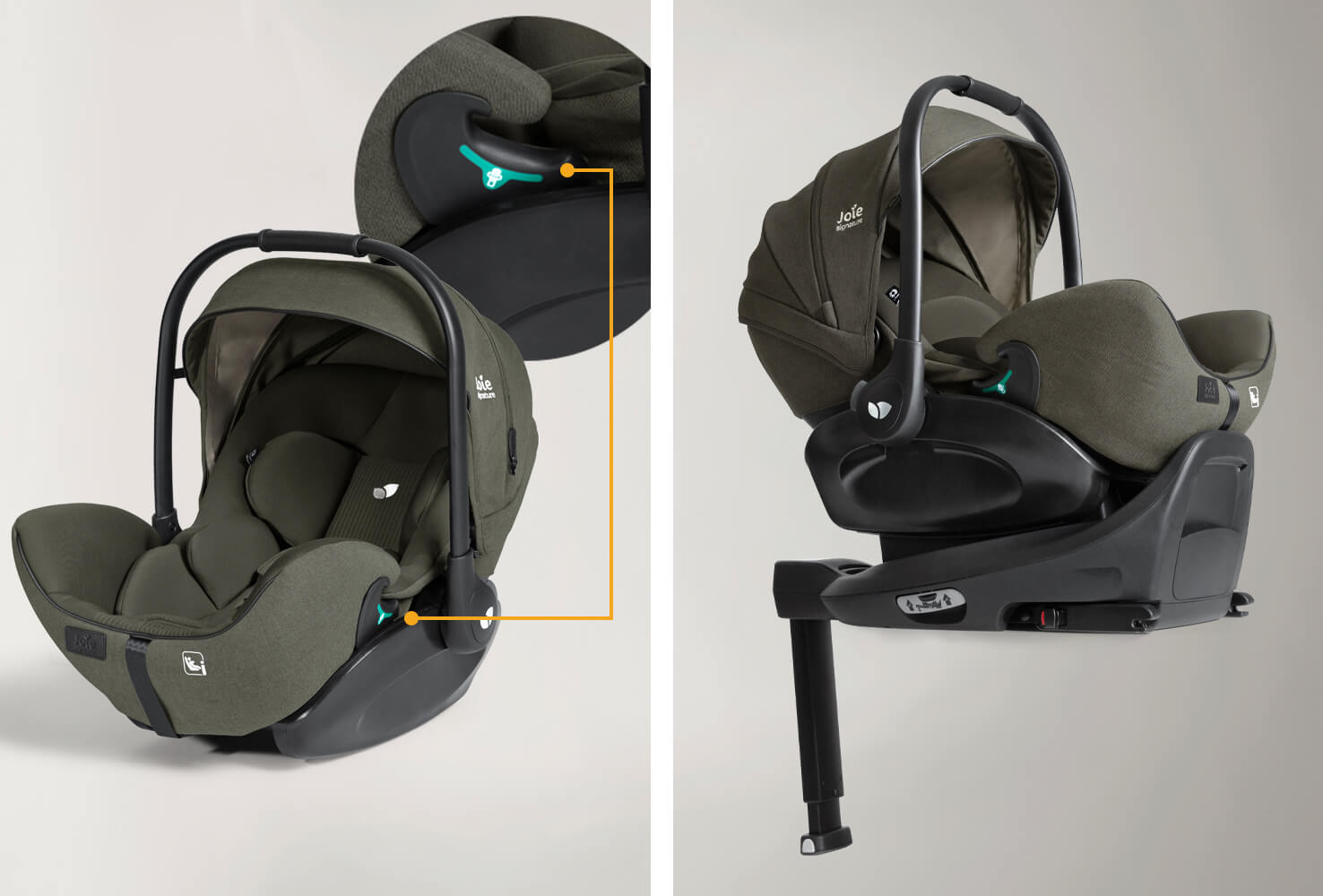 Joie Signature i-Level Pro highlighting vehicle belt path and also installed on i-Base Encore