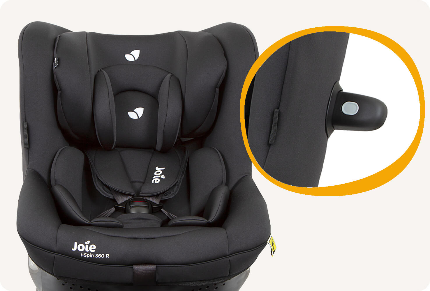 Drehbarer Kindersitz Joie i-Spin 360 R in Schwarz mit einer Detailaufnahme des aufsteckbaren Seitenaufprallschutzelements.