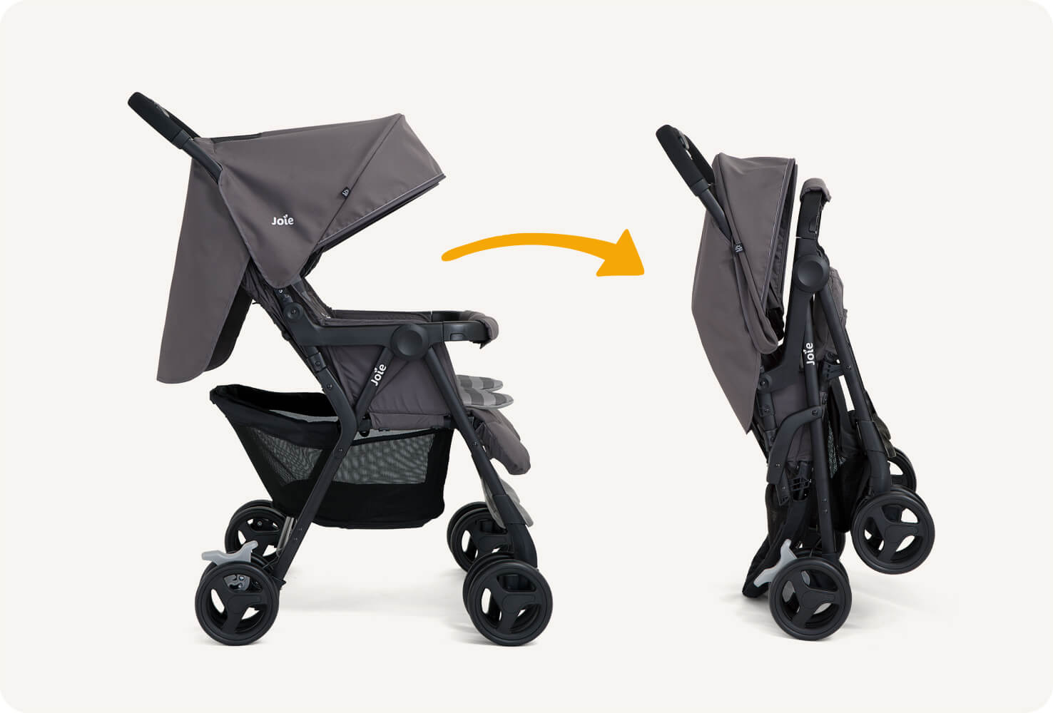Dark gray Joie Aire Twin double strollers side by side in profile facing to the right: the stroller on the left is open and the stroller on the right is folded, with an orange arrow pointing from the left to the right.
