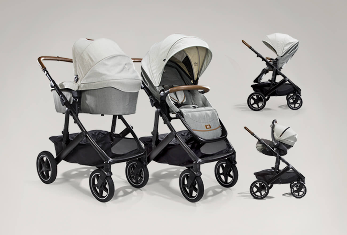 Vinca pram shown in it’s four modes carry cot, infant carrier, forward and parent facing