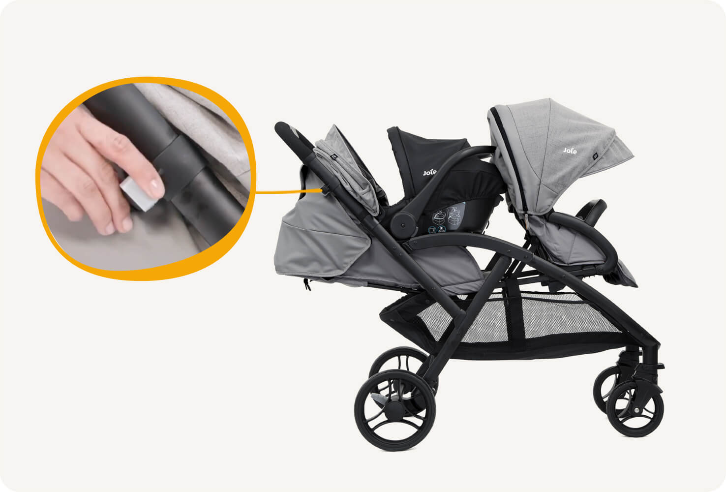 Joie evalite duo double buggy in gray in profile with an infant carrier attached and a close-up panel of the attachment lock.