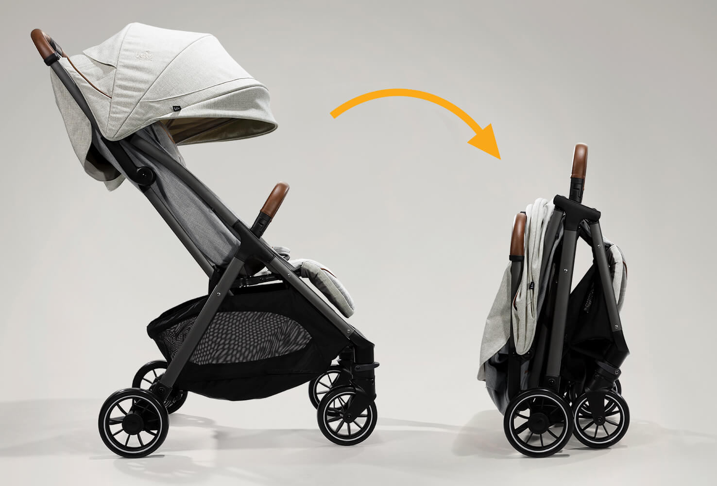 A gray Joie Parcel pushchair in profile with a curved orange arrow pointing to a folded Parcel pushchair