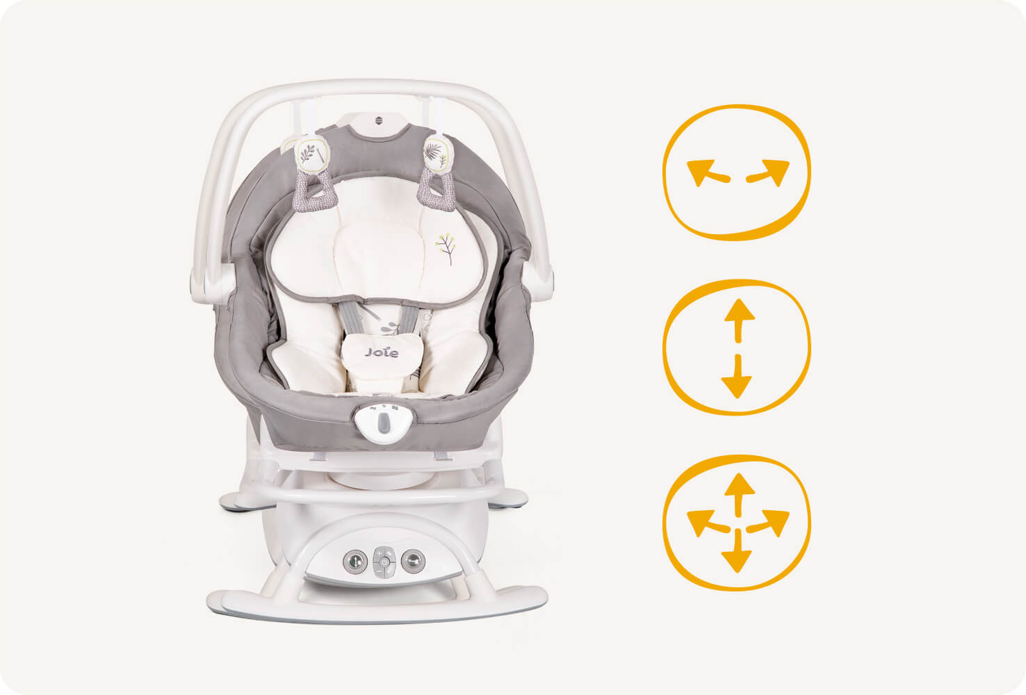 Frontal view of light gray Joie sansa 2in1 swing. To the right of swing, orange circles with arrows represent the multi-motion capabilities of the swing.