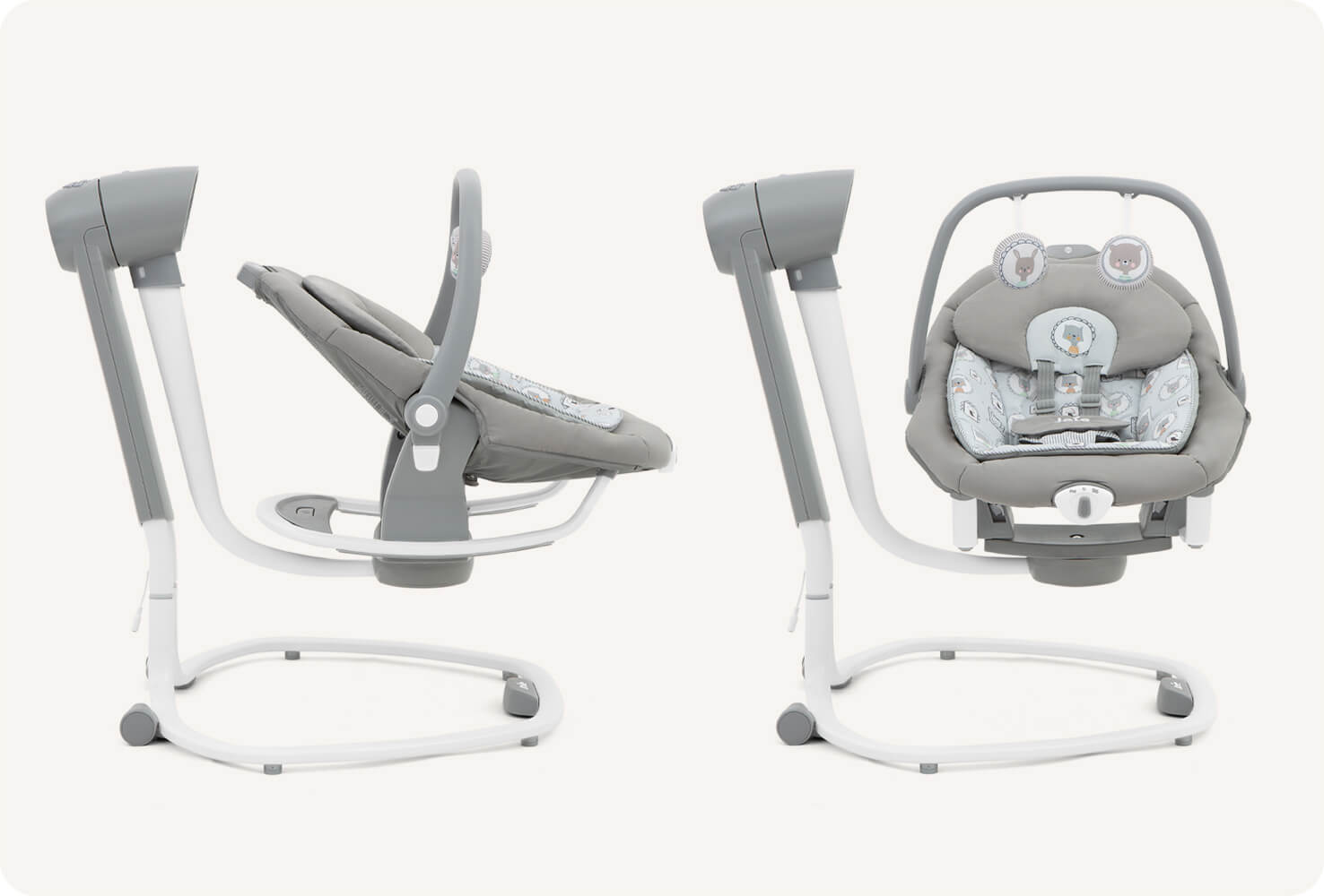 Two light gray patterned Joie serina 2in1 swings side by side. One is a frontal view, and the other is a side profile of the swing.