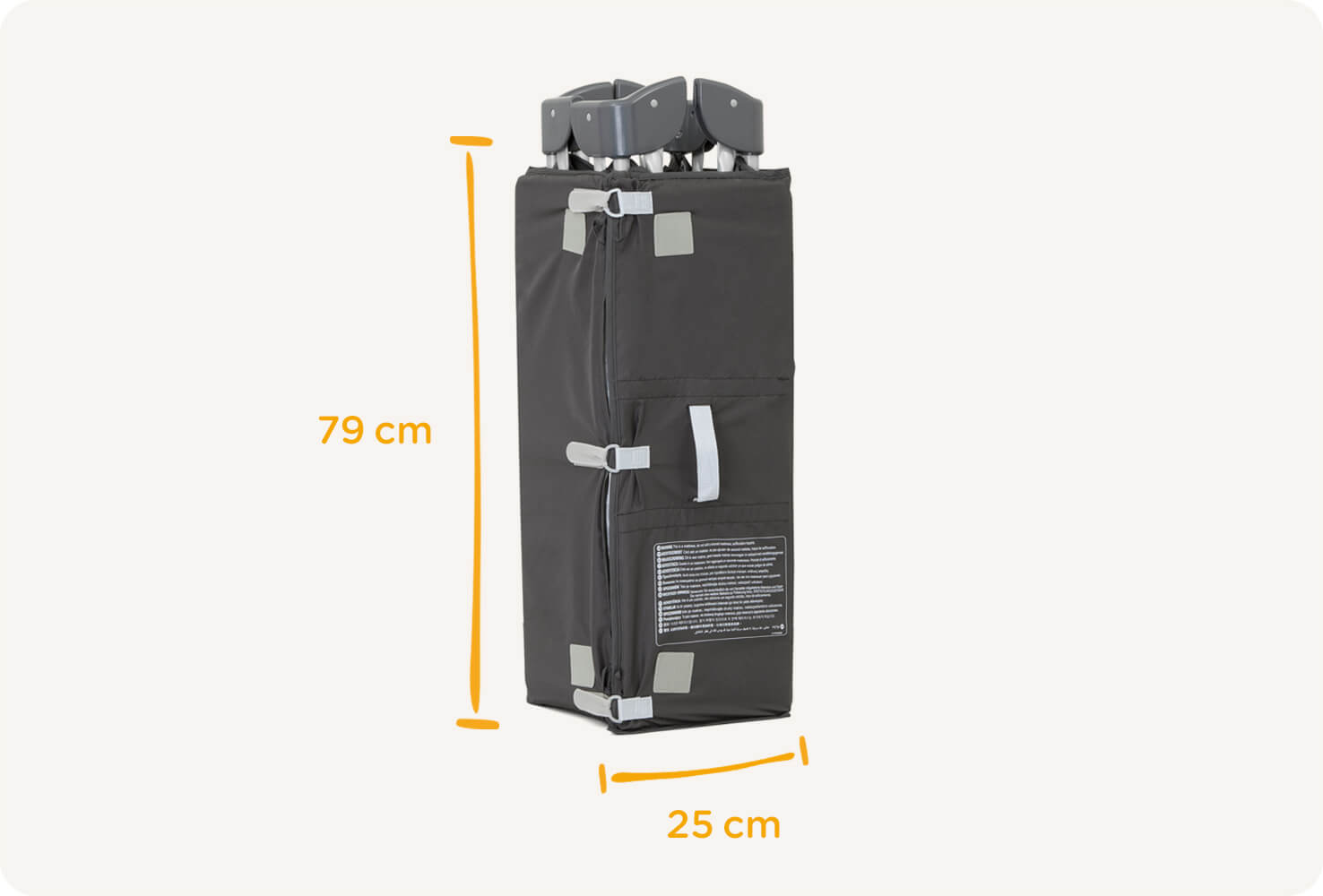 The Joie travel cot commuter change in grey packed up in travel case with measurement of 79cm height and 25cm width.
