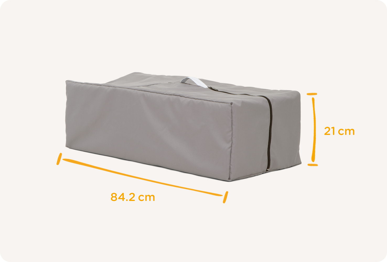 Joie travel cot commuter change & snoozer in grey packed up in travel case with measurement of 84.2cm height and 21cm width.
