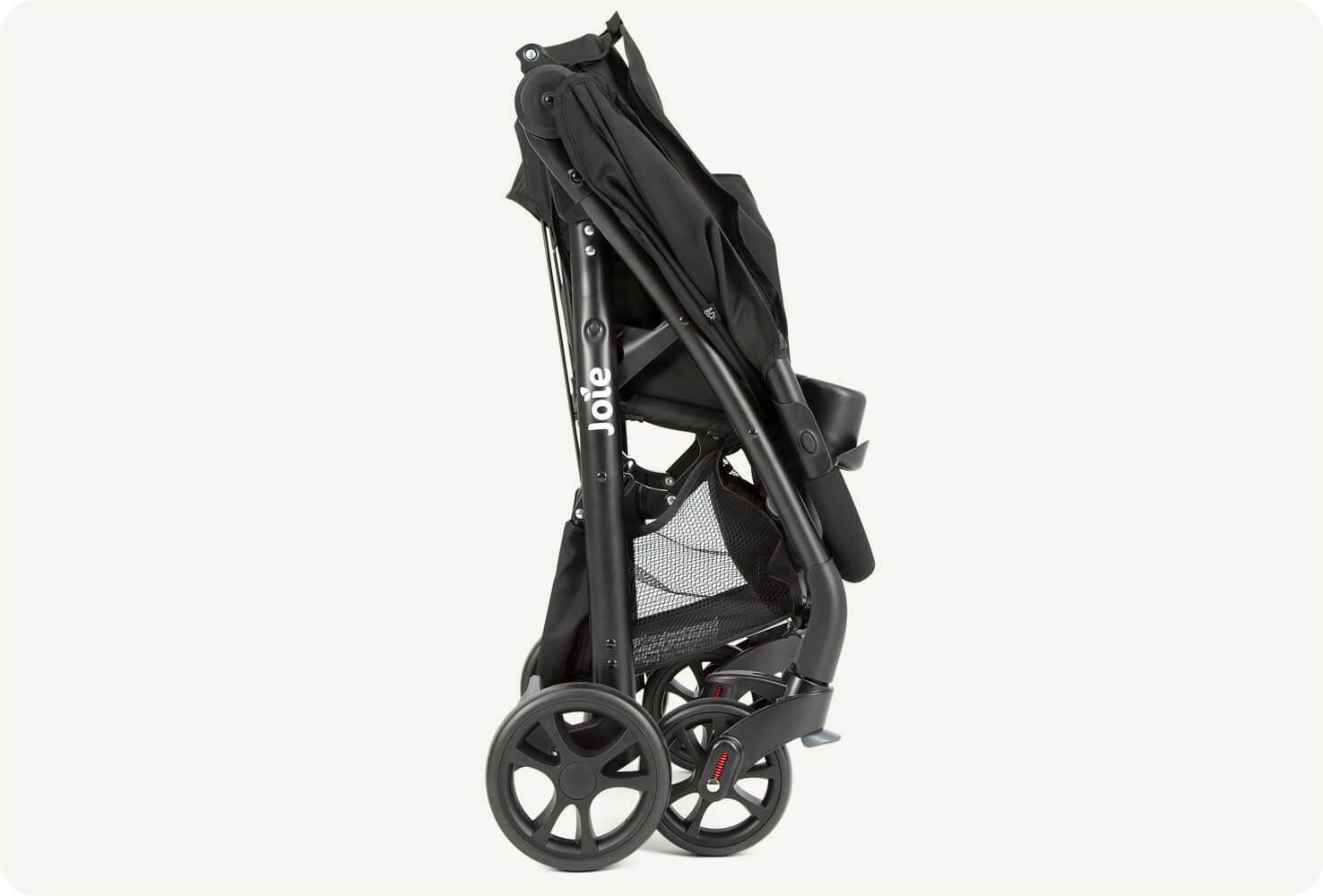  Joie i-Muze lx Reisesystem Kinderwagen in Schwarz zusammengeklappt.