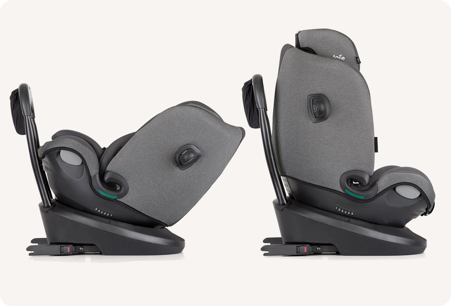 Image of the i-spin multiway in in a reclined position facing the left next to an i-spin multiway upright facing the right 
