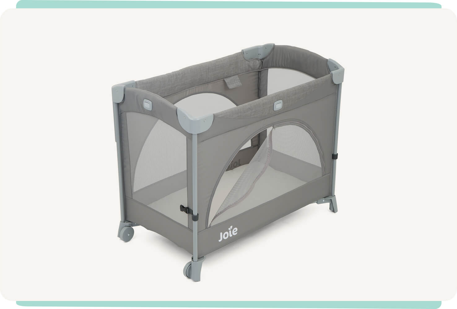 Joie kubbie sleep bedside crib in gray folded multiple angles. 