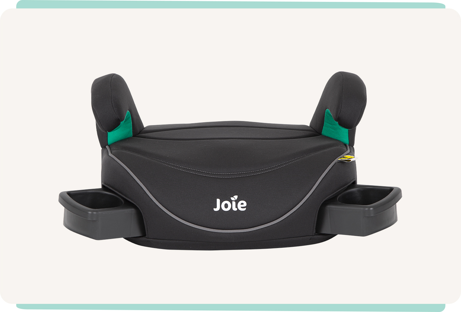   A black Joie I-Chapp backless booster seat facing straight on with a black plastic cupholder sticking out on either side of the seat.