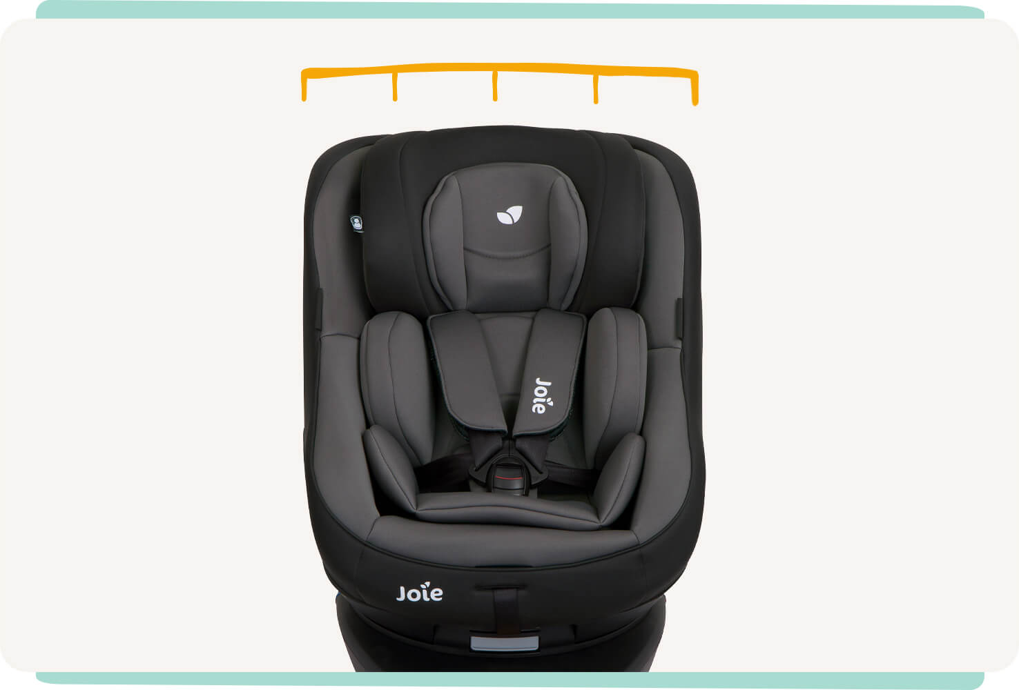 Silla de coche Joie spin 360 gris y negra de frente, con un icono de regla sobre el asiento. 