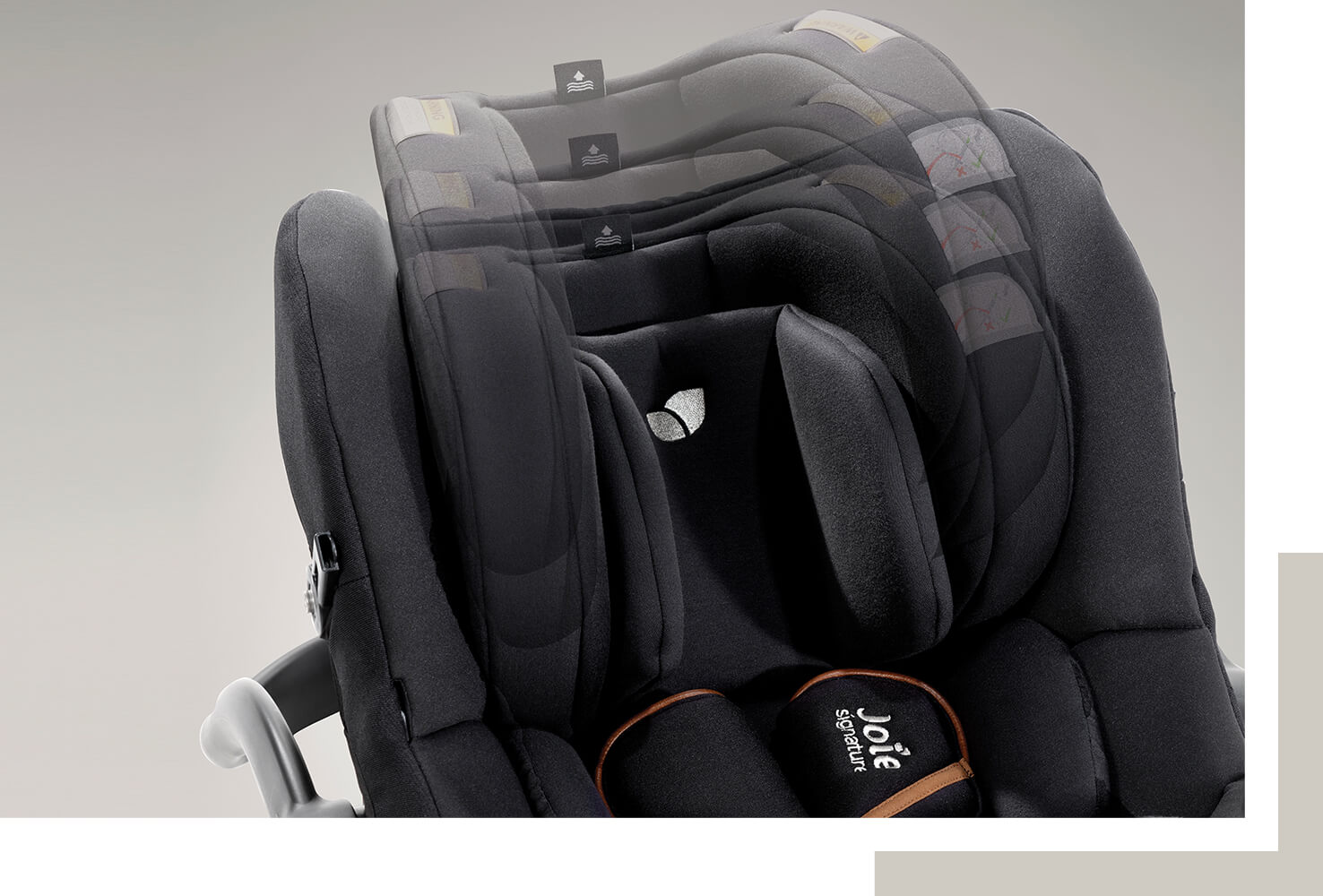 Black Joie I-Gemm infant car seat at an angle facing toward the right zoomed in on the infant headrest showing the multiple position headrest. 