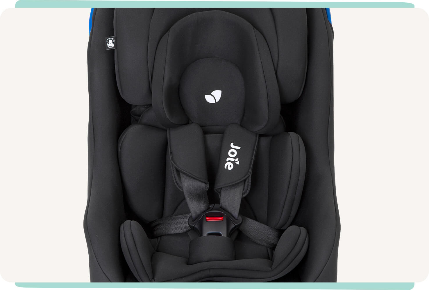Joie Steadi car seat with harness clipped in with a black colour, and facing forward with infant insert.