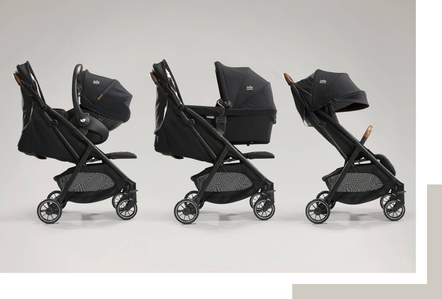 A model pushing the Joie Parcel pushchair in 3 different modes: with carry cot, infant car seat, and pushchair seat
