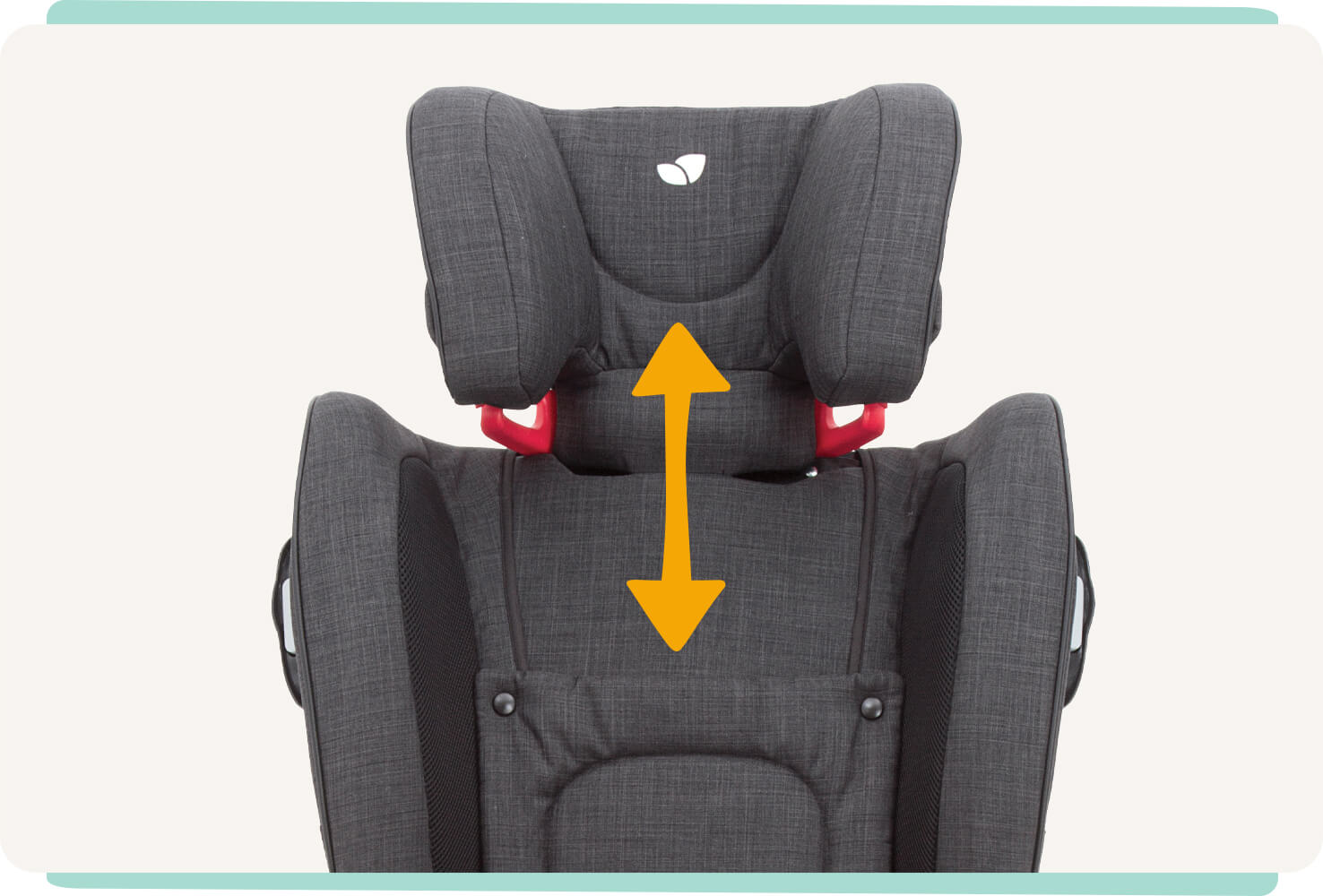 Joie stages ISOFIX car seat with headrest fully extended and an arrow pointing up.  
