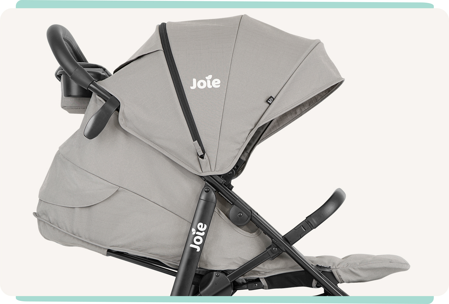 Joie litetrax pro air stroller in gray reclined and hood fully extended. 