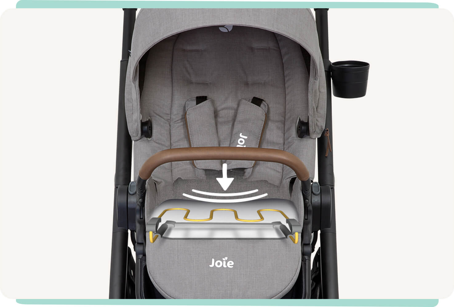Close-up van een grijze Versatrax E kinderwagen met afbeeldingen van de veer in het zitje.
