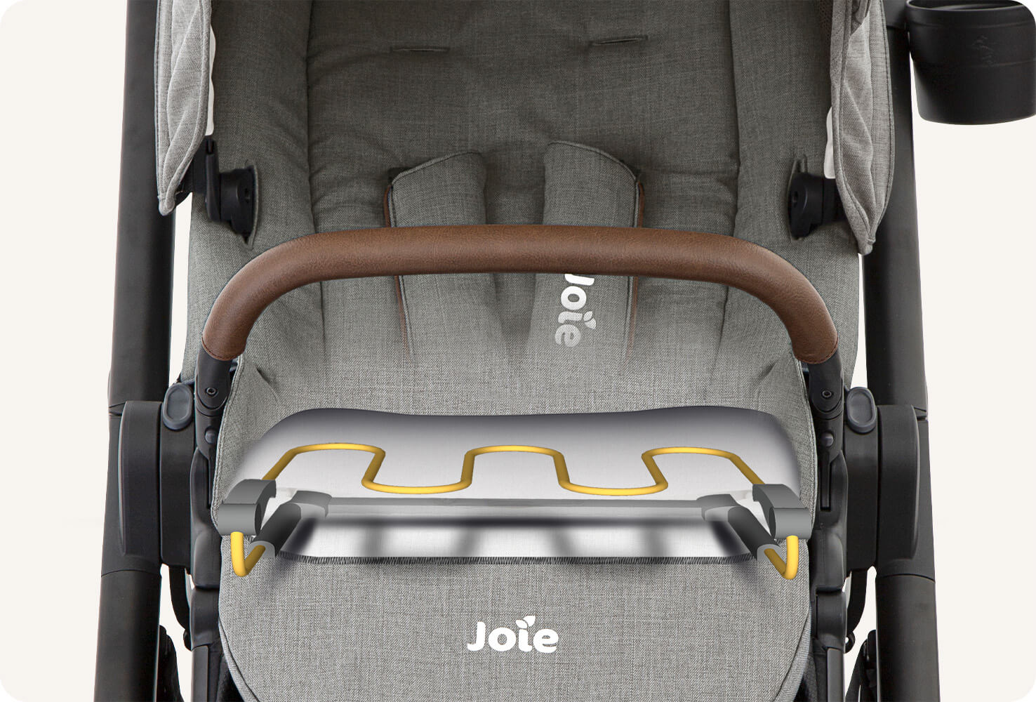 Zoomed in view of the seat on a Joie versatrax pram.