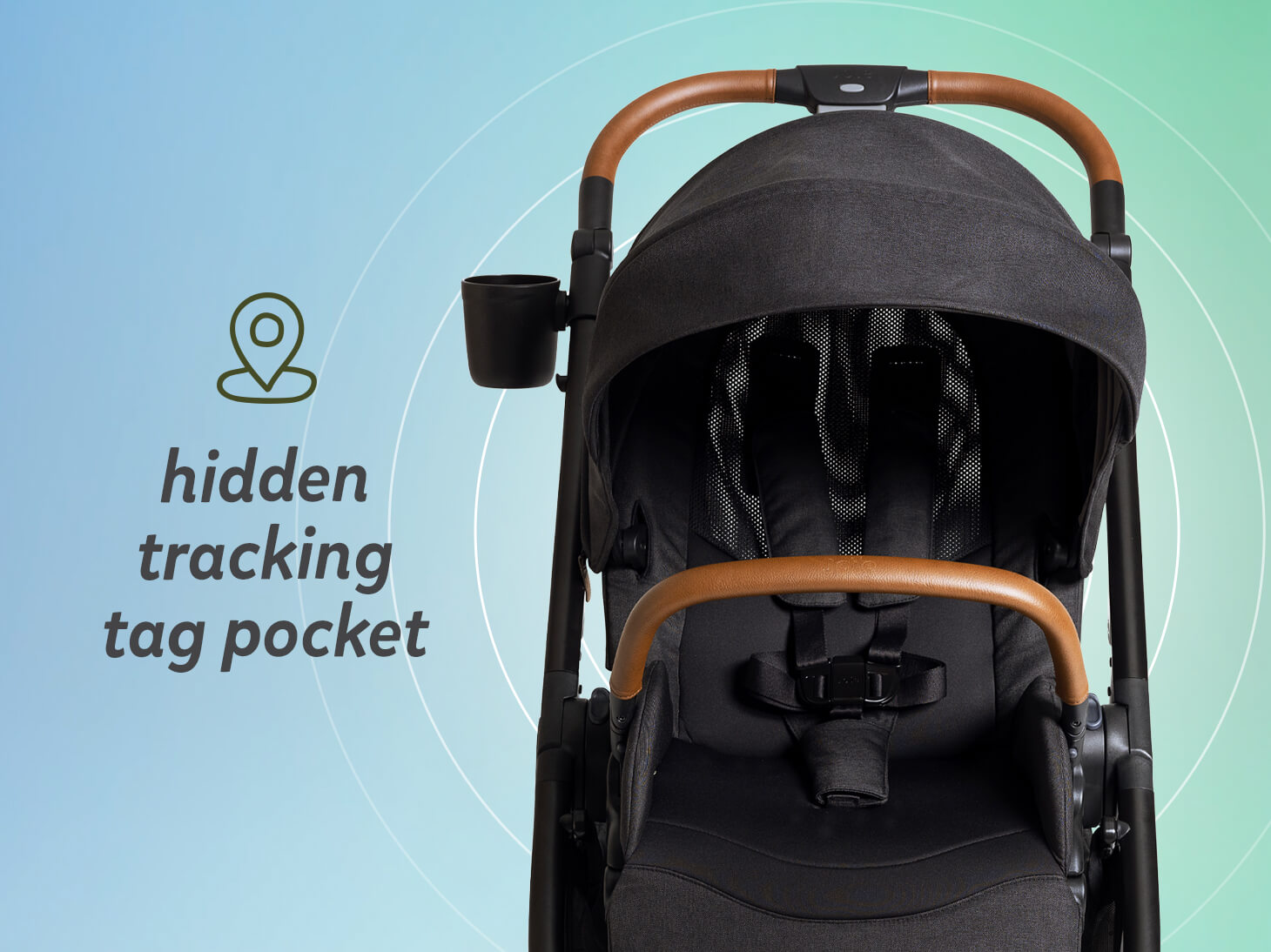 photo showing airtag pocket tracking tag pocket on stroller. 
