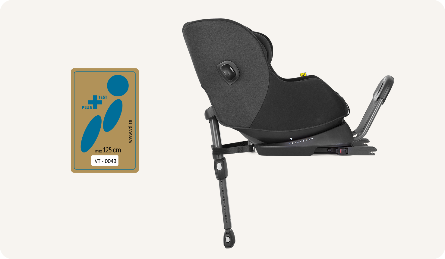 i-Soren 2 car seat with the Swedish Plus Test logo.
