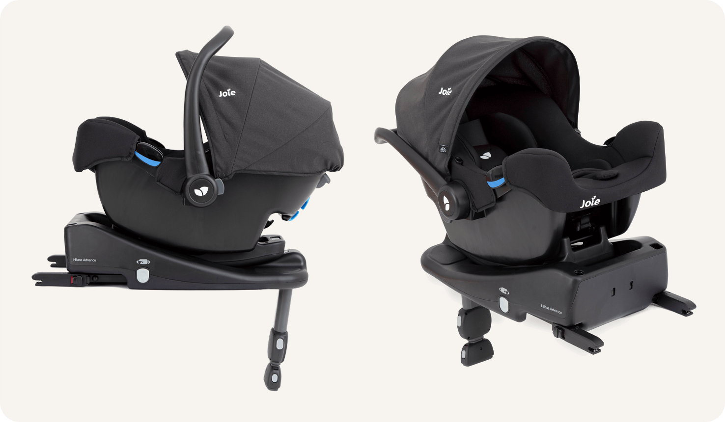  Two Joie I-Snug infant car seats side by side: left image in profile on the I-Base Advance, right image facing to the right at an angle on the I-Base Advance.