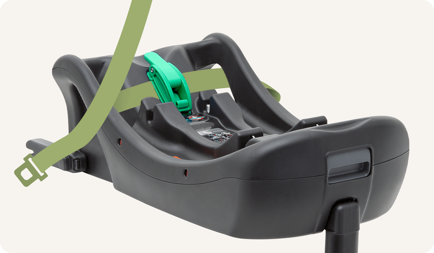  Left angle view of the Joie i-Base 2 car seat base with an illustrated seatbelt demonstrating the installation path. 