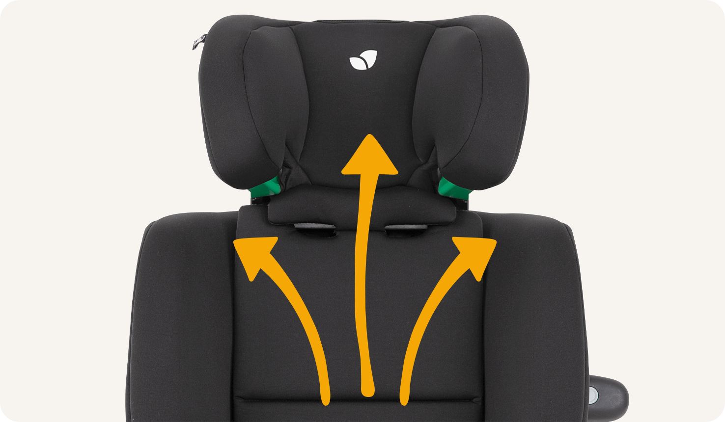 Closeup on the headrest area of a black Joie Every Stage R129 car seat with three orange arrows indicating growth up and out.