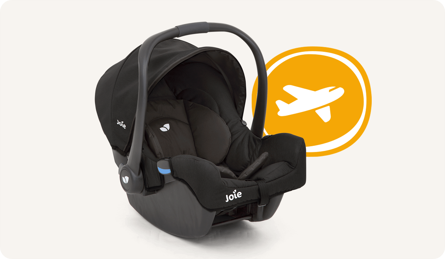 Rechtwinklige Ansicht des Joie gemm Babyschale in Schwarz mit einem Flugzeugsymbol daneben.