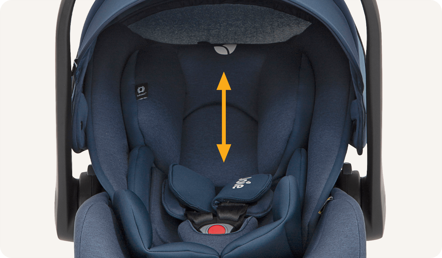 Detailaufnahme der mitwachsenden GrowTogehter™-Funktion der Joie Signature i-Level Recline Babyschale.
