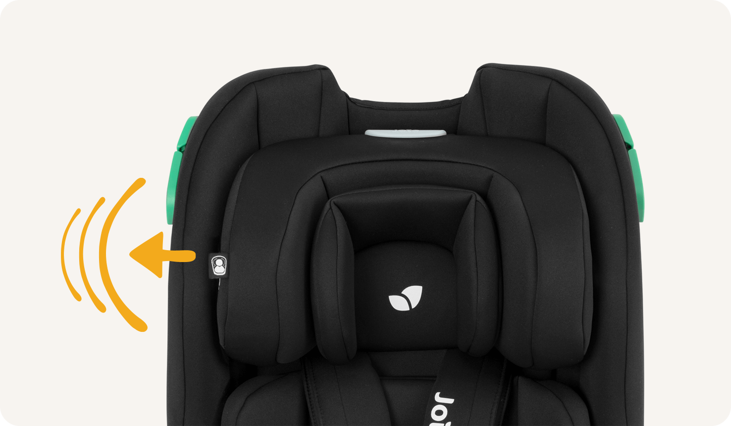 Joie Steadi R129 car seat with harness clipped in with a black colour, at an angle facing to the right and arrow pointing outward at headrest with two lines.