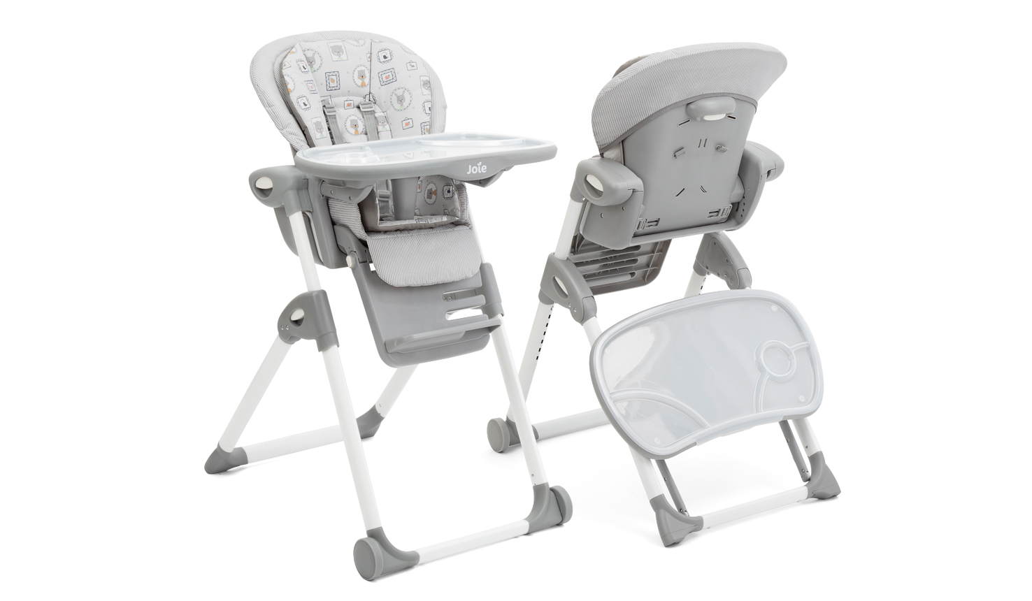 Two Mimzy Recline highchairs shown at an angle: the chair on the left facing forward with tray attached, and chair on the right facing backward with the tray stored on the back legs.