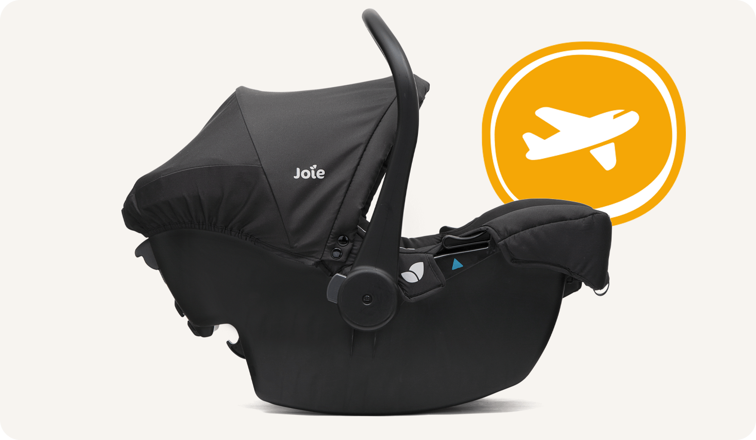  Profile view of the Joie juva infant car seat in black with the canopy raised and an airplane icon beside it. 