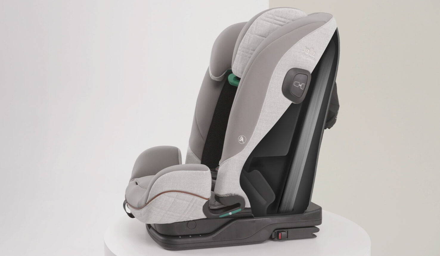 Side view of a gray Joie I-Plenti car seat with a cutout indicating the steel reinforced shell.