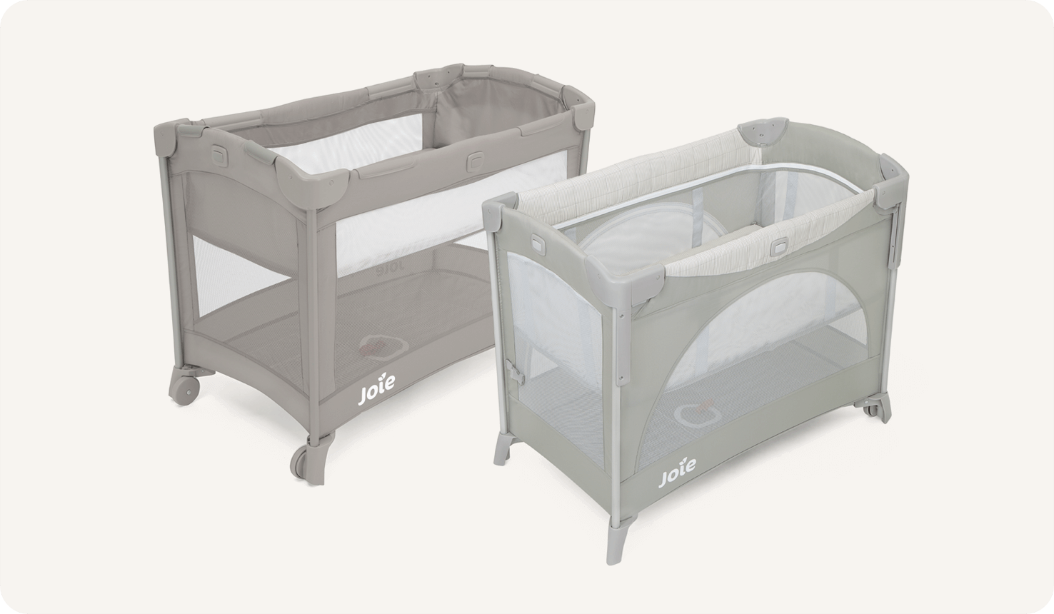  Two travel cots sitting side by side: The Joie Kubbie and Kubbie Sleep