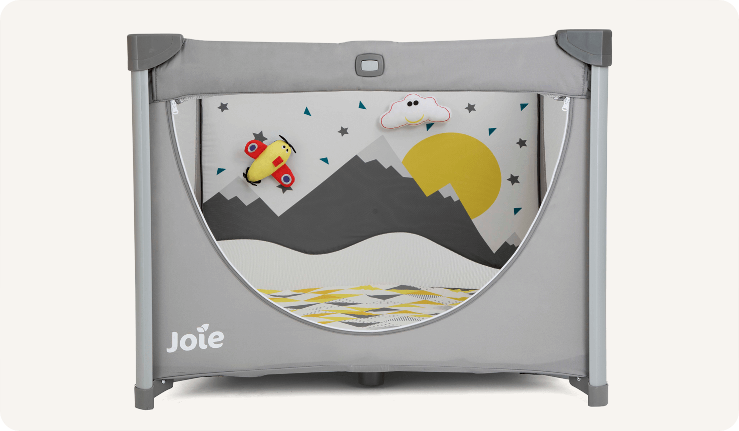 Joie Cheer playpen facing straight on, with mesh side panel unzipped to show mountain pattern inside the playpen.