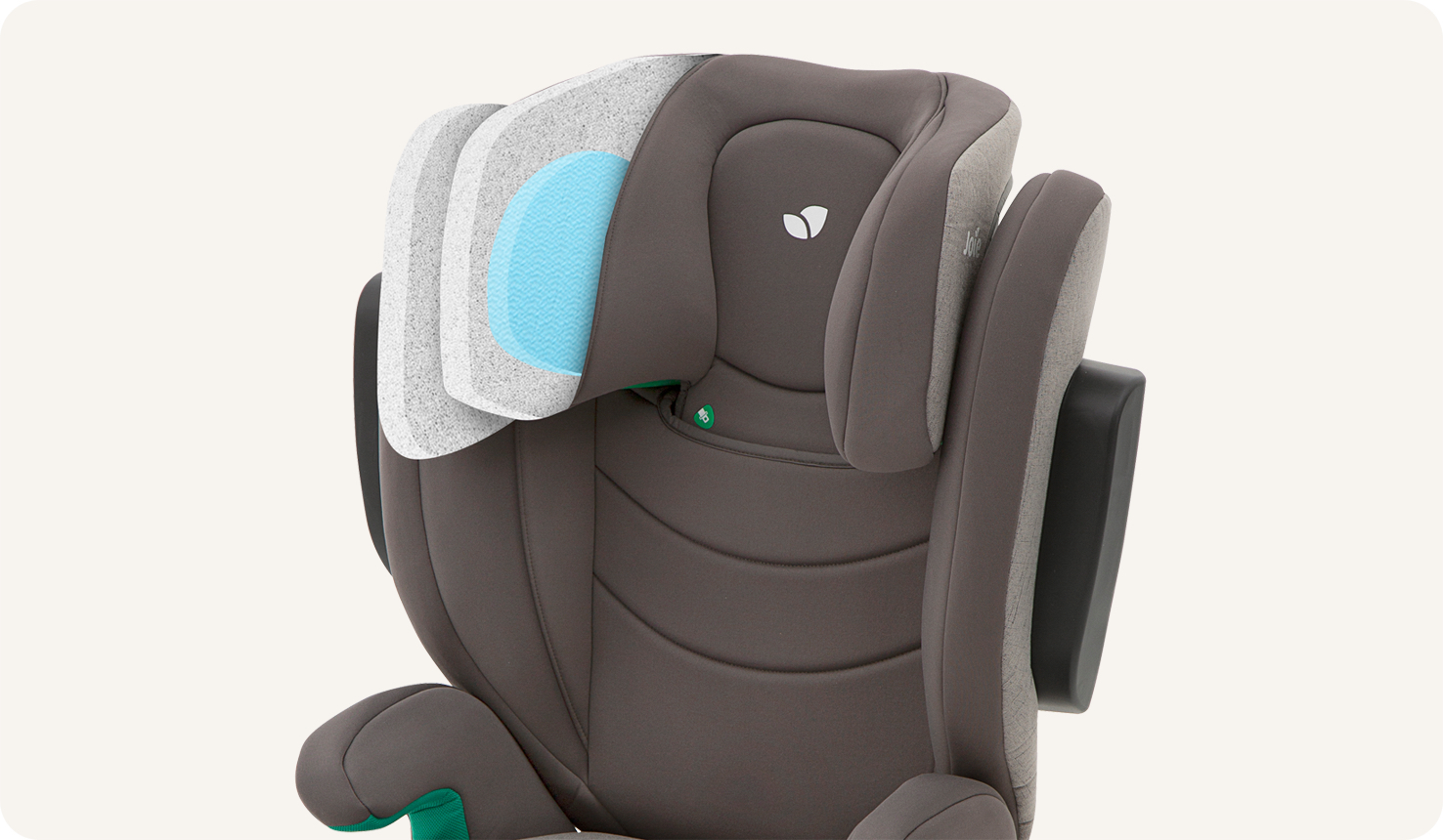 Closeup on a gray I-Trillo lx headrest with a cutaway showing the 3 layers of foam in the headrest on the left side.