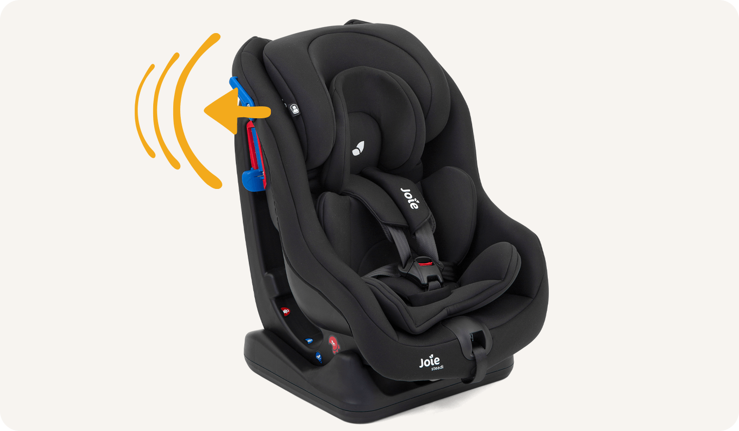 Joie Steadi car seat with harness clipped in with a black colour, at an angle facing to the right and arrow pointing outward at headrest with two lines.