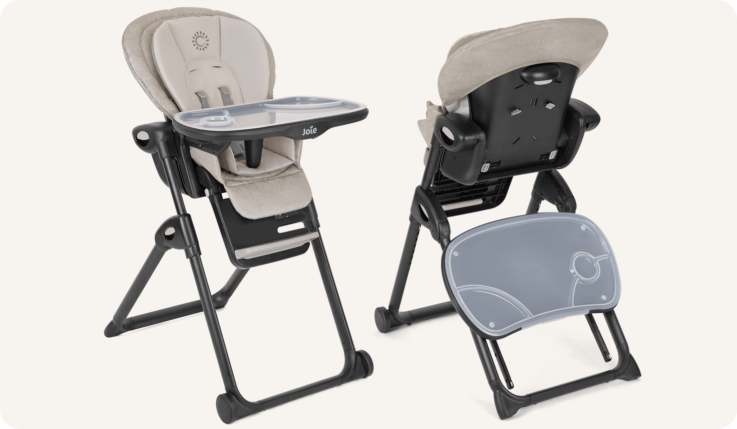 Two Mimzy Recline highchairs shown at an angle: the chair on the left facing forward with tray attached, and chair on the right facing backward with the tray stored on the back legs.
