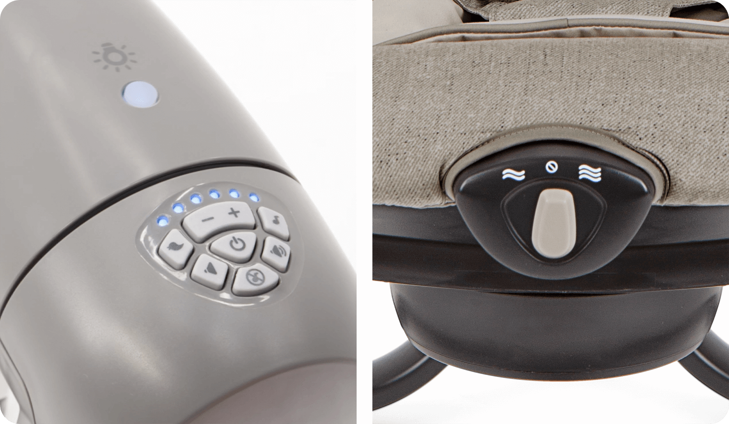 Zoomed in on music and vibration control buttons for Joie serina 2in1 swing.