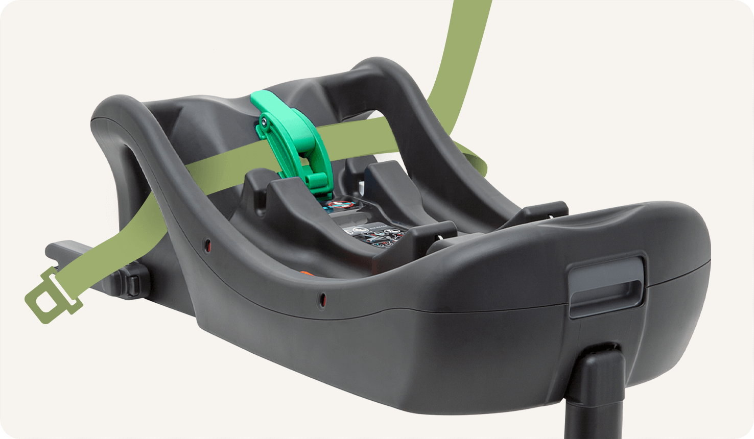  Left angle view of the Joie i-Base 2 car seat base with an illustrated seatbelt demonstrating the installation path. 