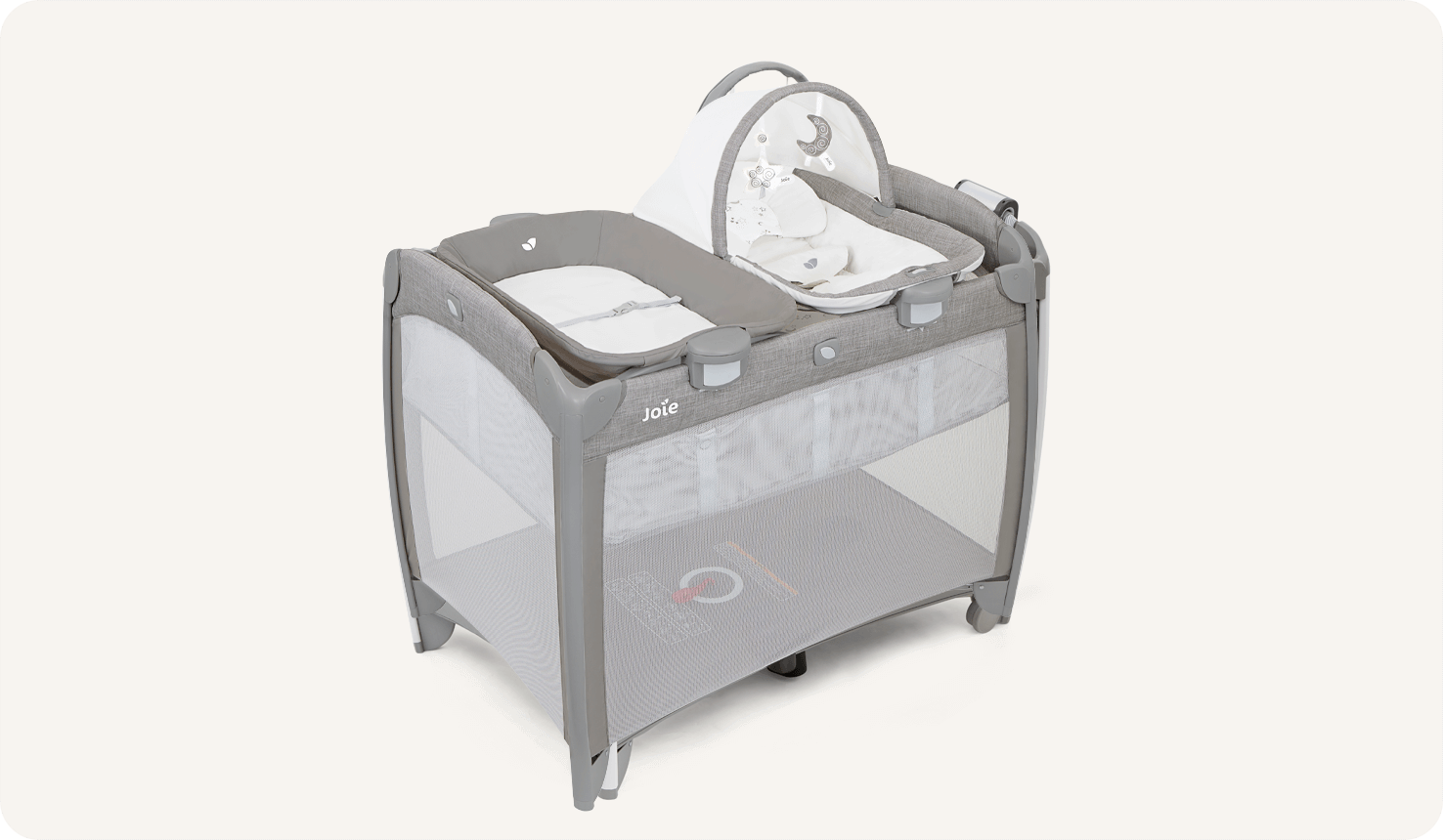  Joie excursion change and rock travel cot in gray with cartoon imagery at an angle.