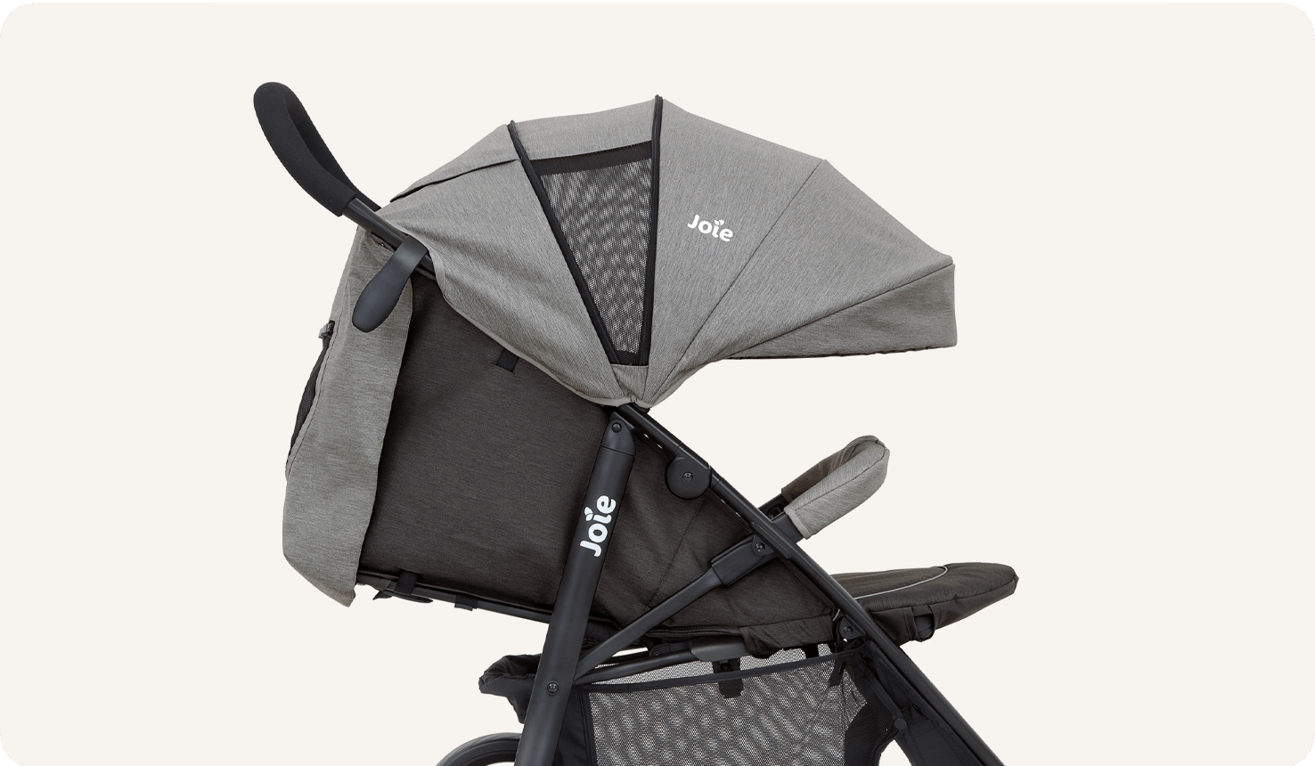   Joie litetrax 3 stroller in black facing right fully reclined.